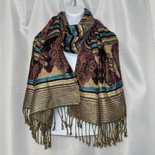 Stripe Paisley Fashion Scarf Teal Purple Gold metallic sequin 28x73 Cejon fringe
