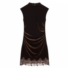 ZARA new sweet-tempered stand-up collar sleeveless lace velvet dress