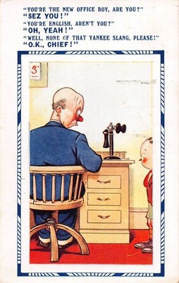 POSTKARTE COMIC BOSS OFFICE BOY YANKEE SLANG