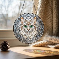 White Cat Stained Glass Suncatcher Window Hanging Vintage Round Glass Decor