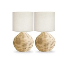 Rattan Bedside Table Lamp Set of 2, Boho Farmhouse Style with Cotton Linen La...