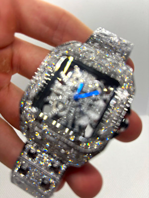 Iced Out Silver Tone Square Skeleton Dial Analog Wristwatch Metal Bracelet