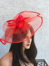 Womans red fascinator formal hat red dress fancy Kentucky Derby tea ascot