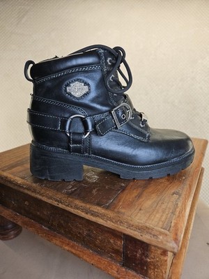 Harley Davidson Women Black Leather Harness Zip Ankle Boots Good Sz7.5 Pre-loved