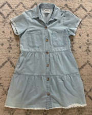 Show Me Your Mumu Vicki Denim Mini Dress S Small Blue Cotton Pockets Raw Hem Bho