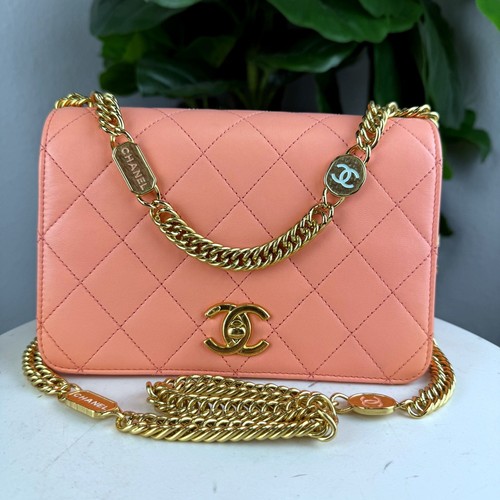 Authentic Chanel Trendy CC Flap Bag Small Coral Pink Lambskin Gold Hardware