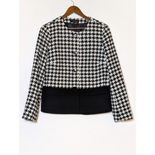 Talbots Blazer Jacket Black White Herringbone Wool Blend Size 12 Collarless