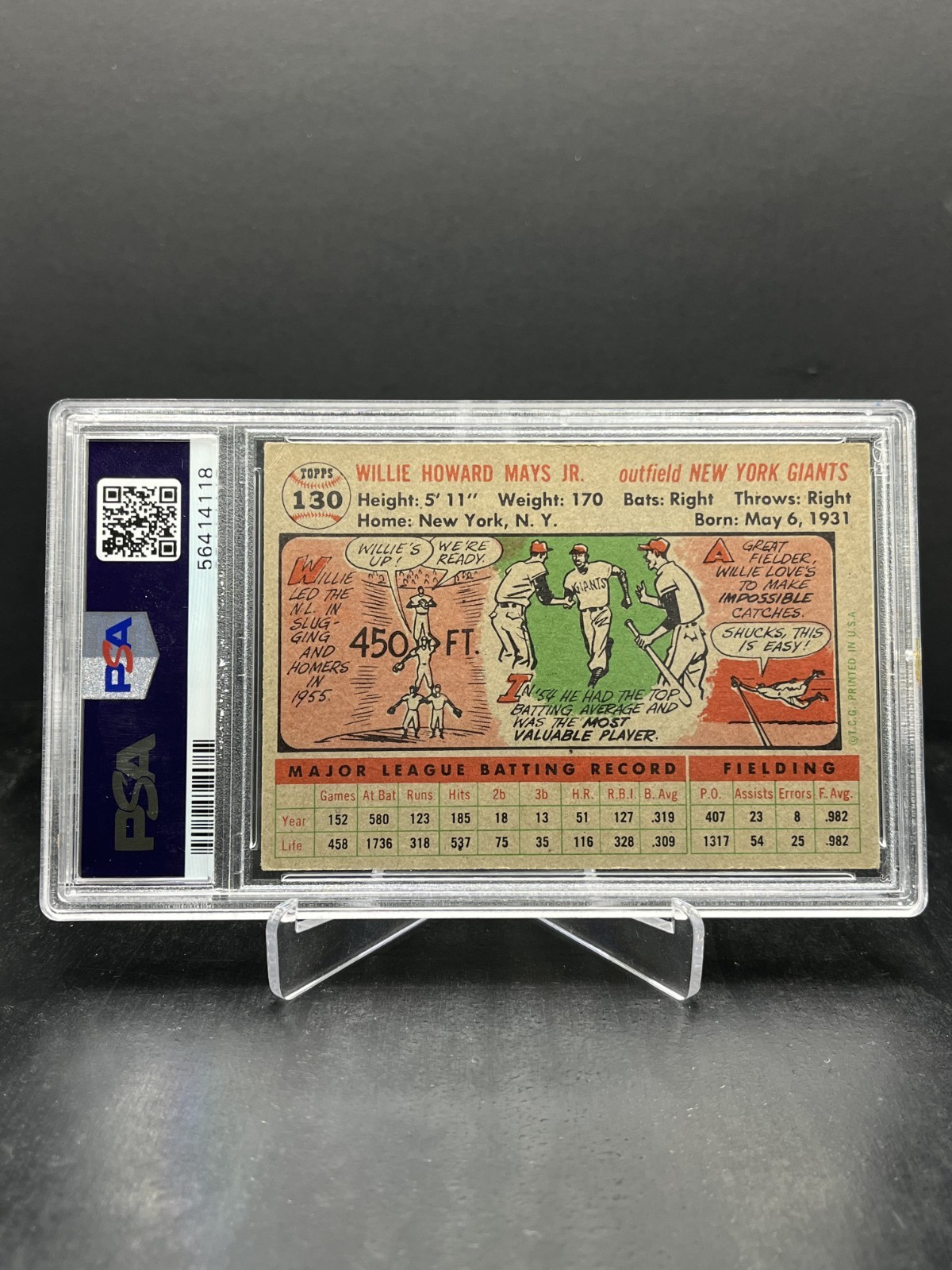 1956 Topps Baseball Willie Mays Gray Back PSA 4 #130 view 2