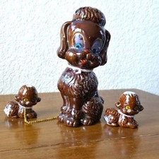 Vintage Brown Ceramic Poodle Family Figure Set Mom and Puppies Kitsch