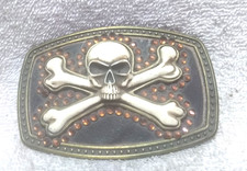 Raised White Skull Crossbones On Rectangle Buckle Orange Rhinestone Outline Nice