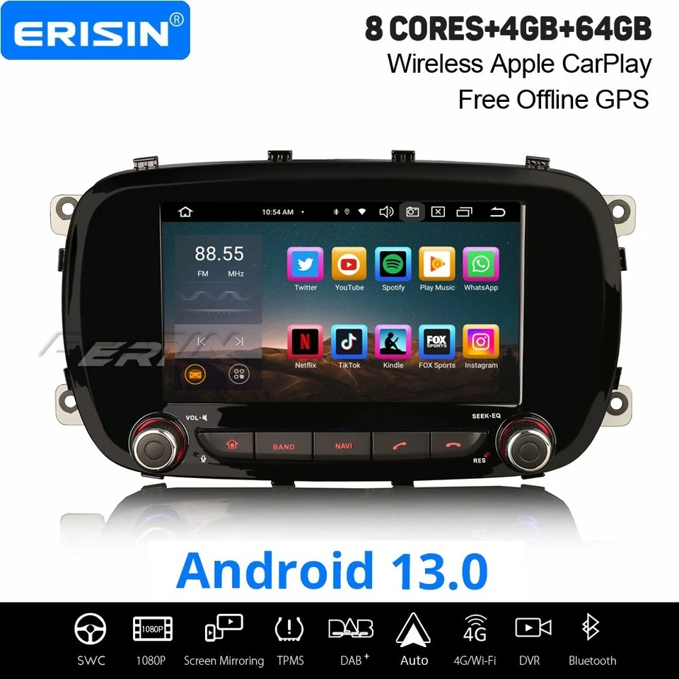 8-Core Android 13 CarPlay Car Stereo Navi WiFi 4+64GB Canbus Fiat 500X 2014-2020