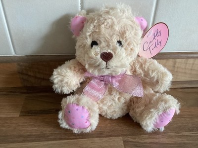 Get Comfy kuscheliger blonder Teddybär gepunktet Punkte Füße & Ohren rosa Schleife neu mit Etikett