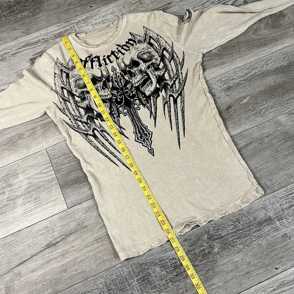 Y2K Affliction 热感长袖衬衫 骷髅 Wings Grunge Baphomet 尺寸 M — 第 4/4 张图片