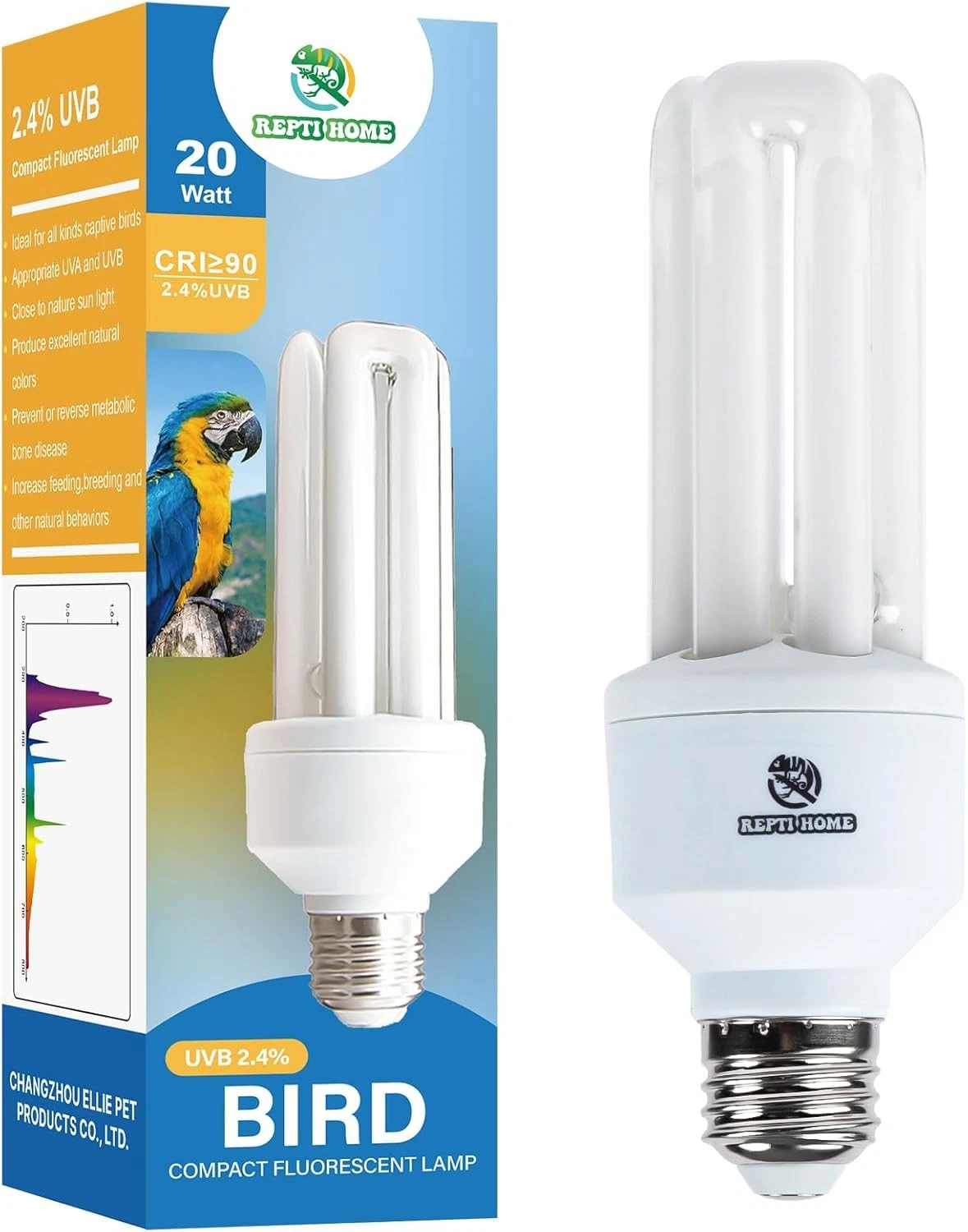 REPTI HOME 20W UVB Bird Light Bulb 2.4% Full Spectrum UVA Lamp for Pet Birds