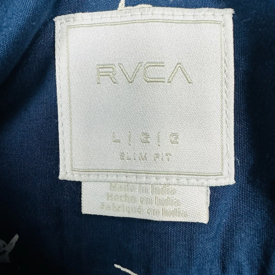 Camisa de manga corta RVCA para hombre talla L calce ajustado azul pájaro patrón de mano ropa de calle Foto 4 de 4