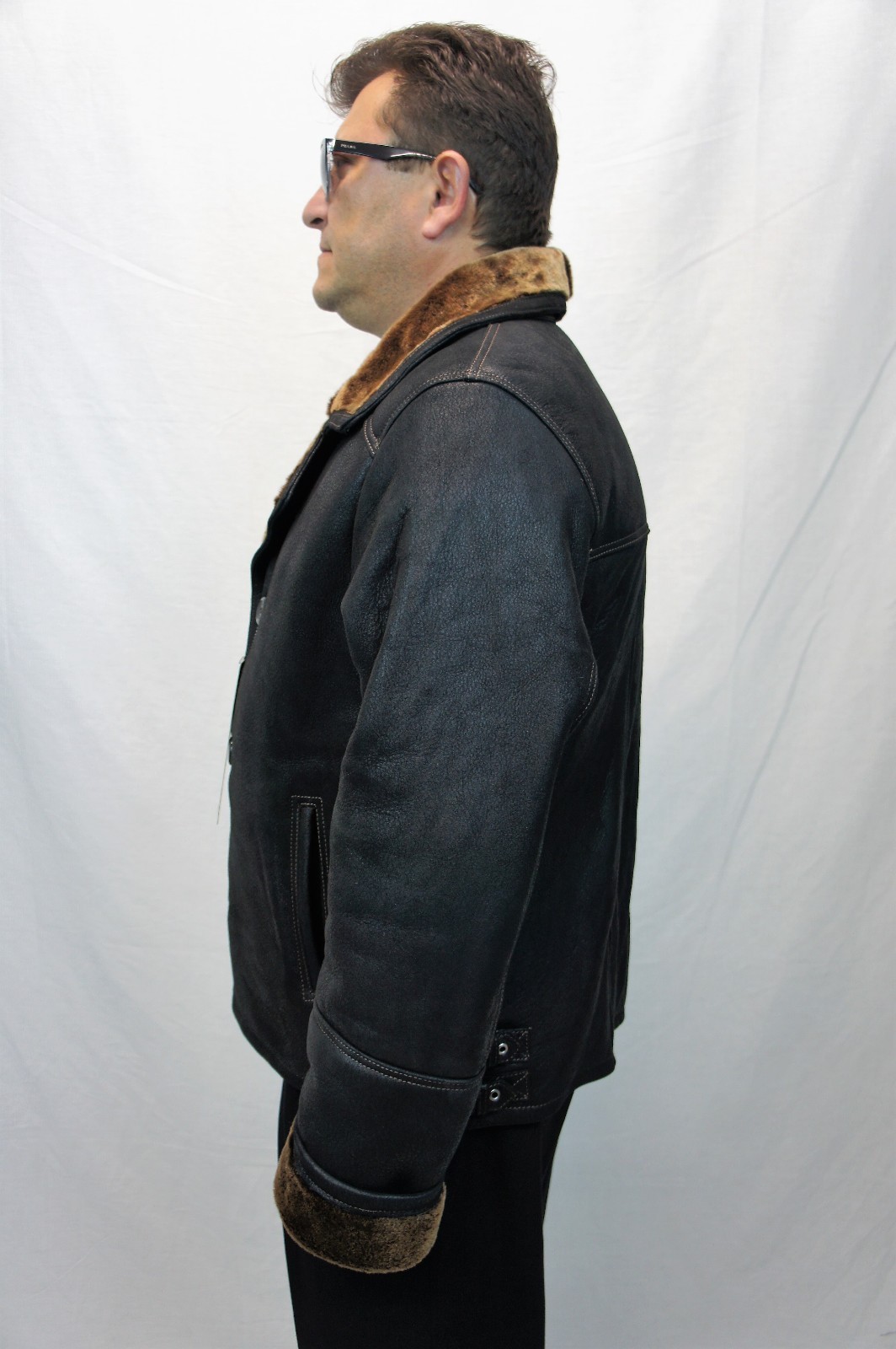 Men 100% REAL SHEEPSKIN SHEARLING LEATHER Car Coat Jacket Bomber S-5XL, BLACK