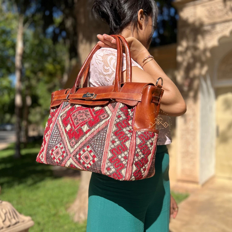 Medium Brown Genuine Leather Shoulder Bag – Handmade Leather & Orange Carpet Bag - Image 2 of 4