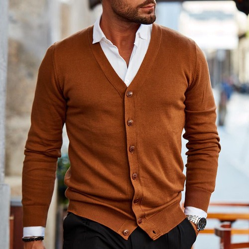 Mens Plain Knitted V Neck Buttoned Cardigan Fine Basic Knitwear Warm Top Button - Picture 11 of 18