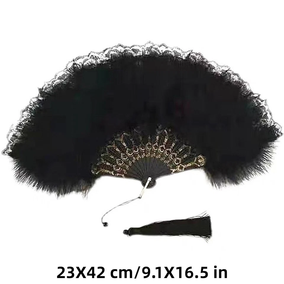 1pc Lace Feather Folding Fan Fluffy Hand Fan Gothic Retro Wedding Dance Stage - Image 2 of 2