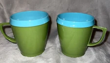 2 Vintage MCM Retro 1960's Aladdin-type Insulated Coffee Mug Cup Green Teal Aqua