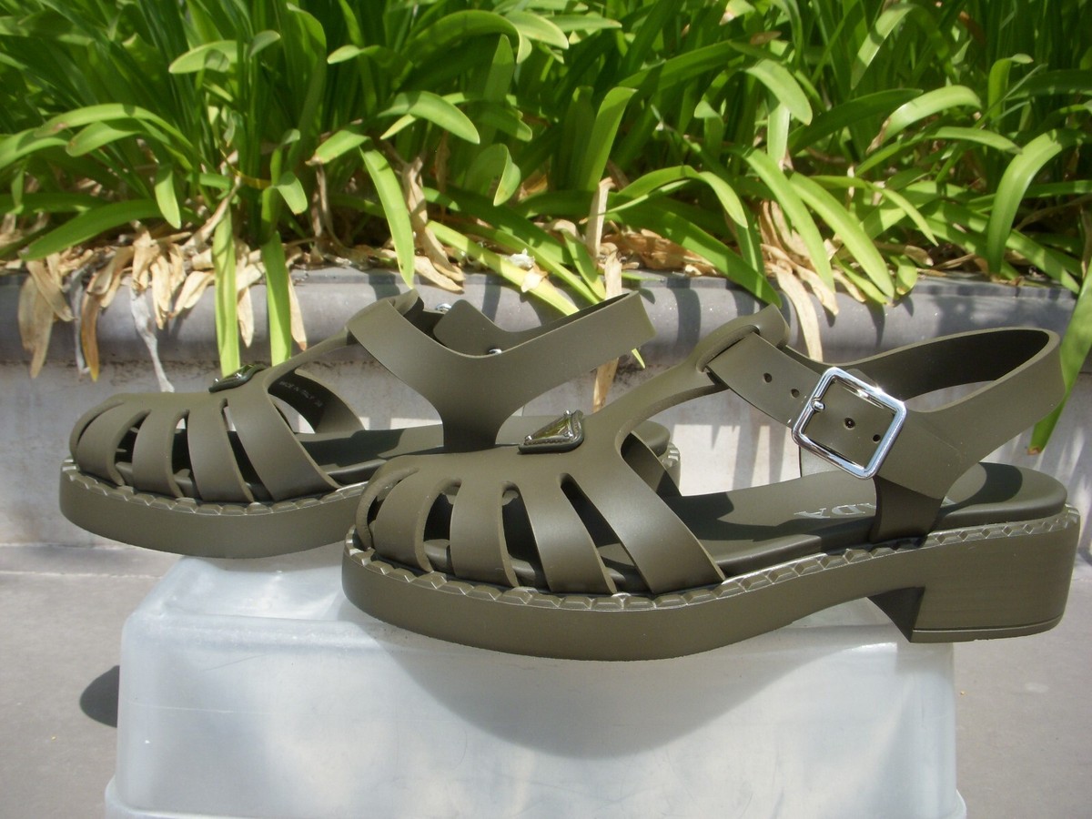 Prada Military Green Soft Cage Rubber Logo Sandal EU38 Insole 9 3/4\