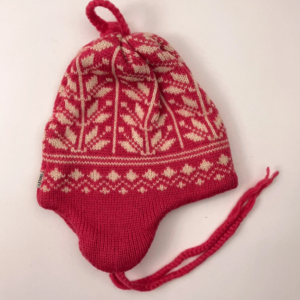 Vintage Kids SKi Hat Smiley Made USA Sparks Nevada Pink White Wool Pattern