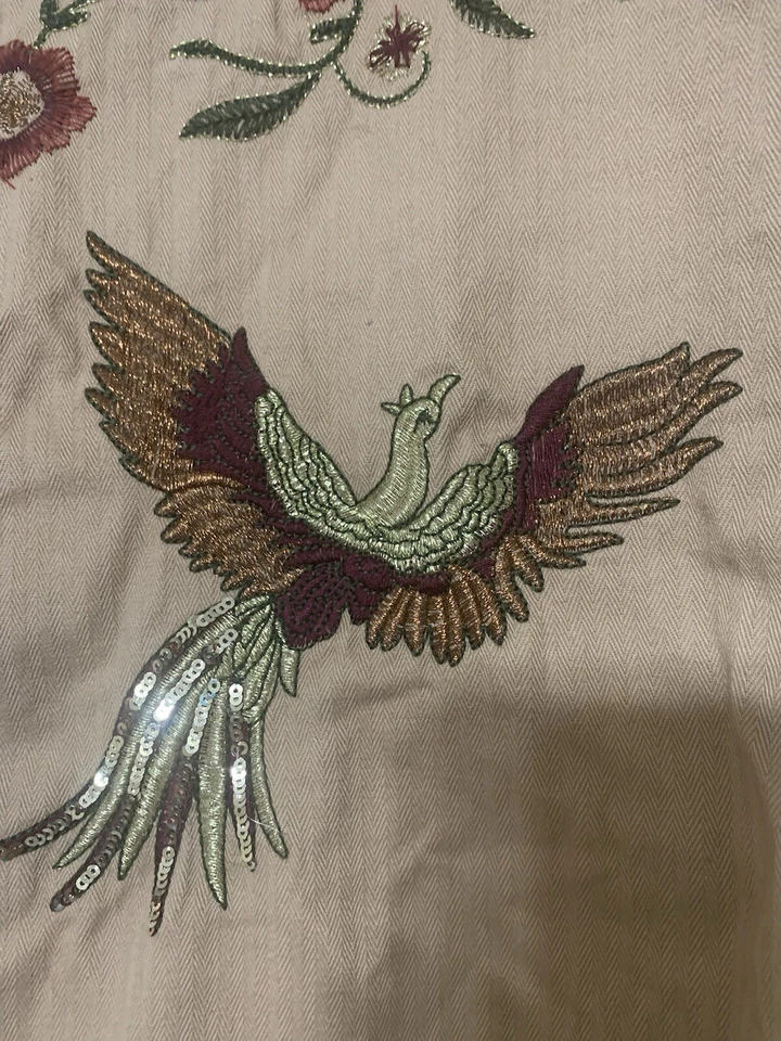 Colleen Lopez Denim Jacket Womens XL Khaki Embroidered Birds Sequins Flowers - Image 4 of 4