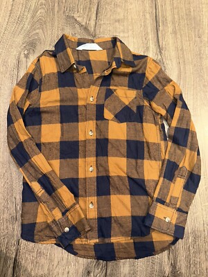 H&M Navy Blue Rustic Brown Orange plaid check cotton long sleeve shirt Age 