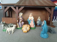Handmade Nativity Scene w/ wood manger and painted figurines from Italy