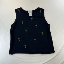 VTG Quacker Factory Grandmacore Embroidered Tree Knit Vest M Ramie Cotton Navy