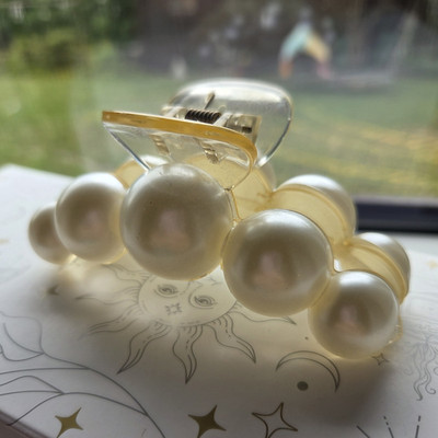 Haarspange rund creme goldfarben 10cm Kunststoff Metall mit Perlen für Damen