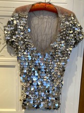 ZARA- Silver Sequined top. Linen mix. Size: M - See meas. below.
