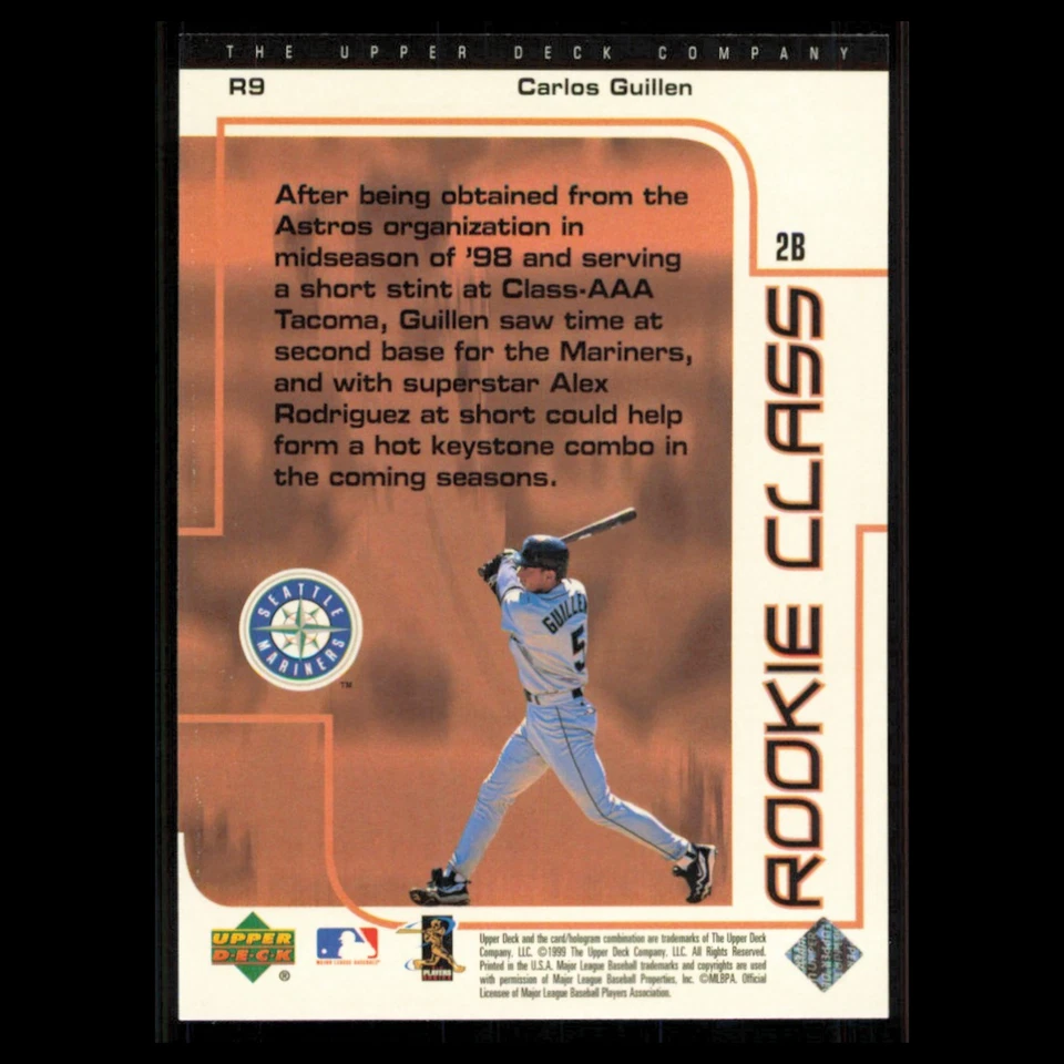 Tarjeta de béisbol Carlos Guillén novato #R9 1999 elección de cubierta superior Seattle Mariners Foto 2 de 3