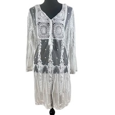 Kaktus Sheer Lace Boho Cover Up S/M Tunic White Crochet Festival Beach Resort