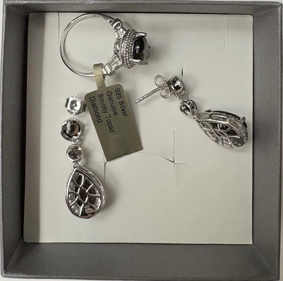 SS925 Pendientes Poste Topacio Blanco Cuarto Ahumado + Anillo Diamante Topacio Ahumado SS 925 Foto 2 de 3