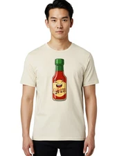 Chili-Sauce-Bottle Mens Graphic Tee, 100% Cotton, Casual Summer Wear