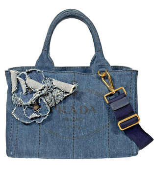 PRADA Navy Denim Canapa Floral Appliqué Tote Bag Rare Y2K Vintage