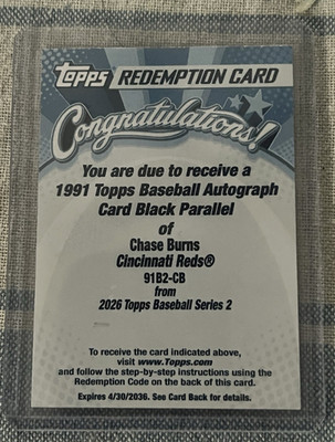 Topps 2026 Series 2 Chase Burns Reds 1991 Topps Autographs Black Redemption /10