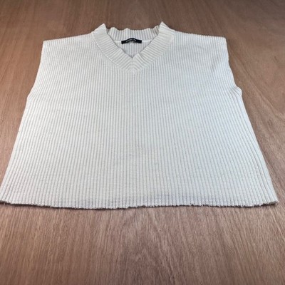 Sugar + Lips Cream Knit Sleeveless Sweater Vest M Ribbed V-Neck Cut Hem