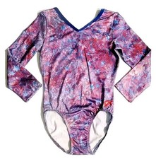 GK Essentials AS Star Spangled Foil Leotard 3/4 Sleeve VTG Blue Red Size Adult S