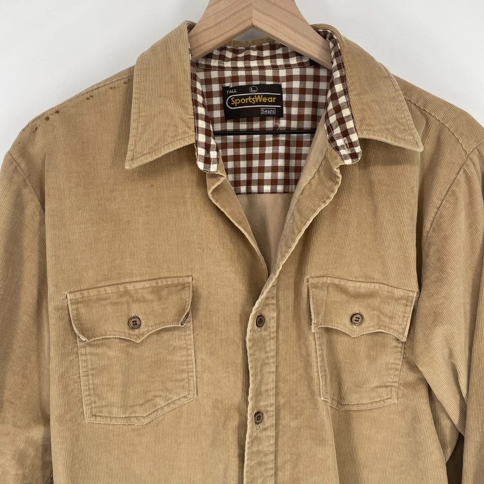 Vintage 70s Sears Corduroy Shirt Mens Large Tall Tan Button Up Western Pockets - Image 2 of 4