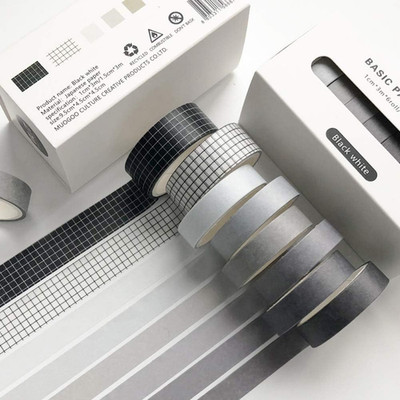 8 Rolls Washi Tape Set Basic Solid Color Black&White  Grid Adhesive Decoration L