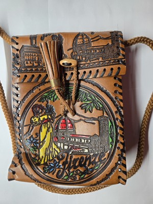 Vintage Firenze Bag w/Tassle, Made In Italy, Tooled Leather Shoulder Strap Purse