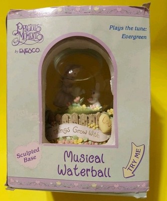 Vtg Precious Moments Musical Water Globe 'All Things Grow With Love' Evergreen 