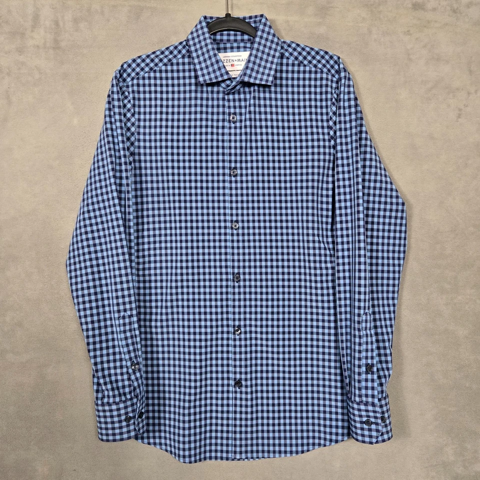 Mizzen + Main Shirt Mens Medium Leeward Trim Fit blue gingham check L/S USA MADE - Image 2 of 4