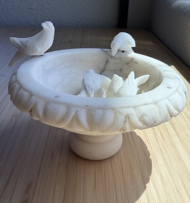 Vintage Alabaster Marble Birdbath Minature Handcarved Italy 5  Stone Birds