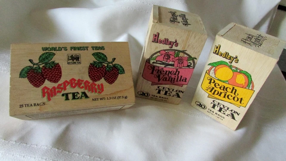 DECORATIVE 3 COLORFUL WOOD CRATE TEA BOXES, PLUS ONE BONUS TEA TIN - Image 2 of 4