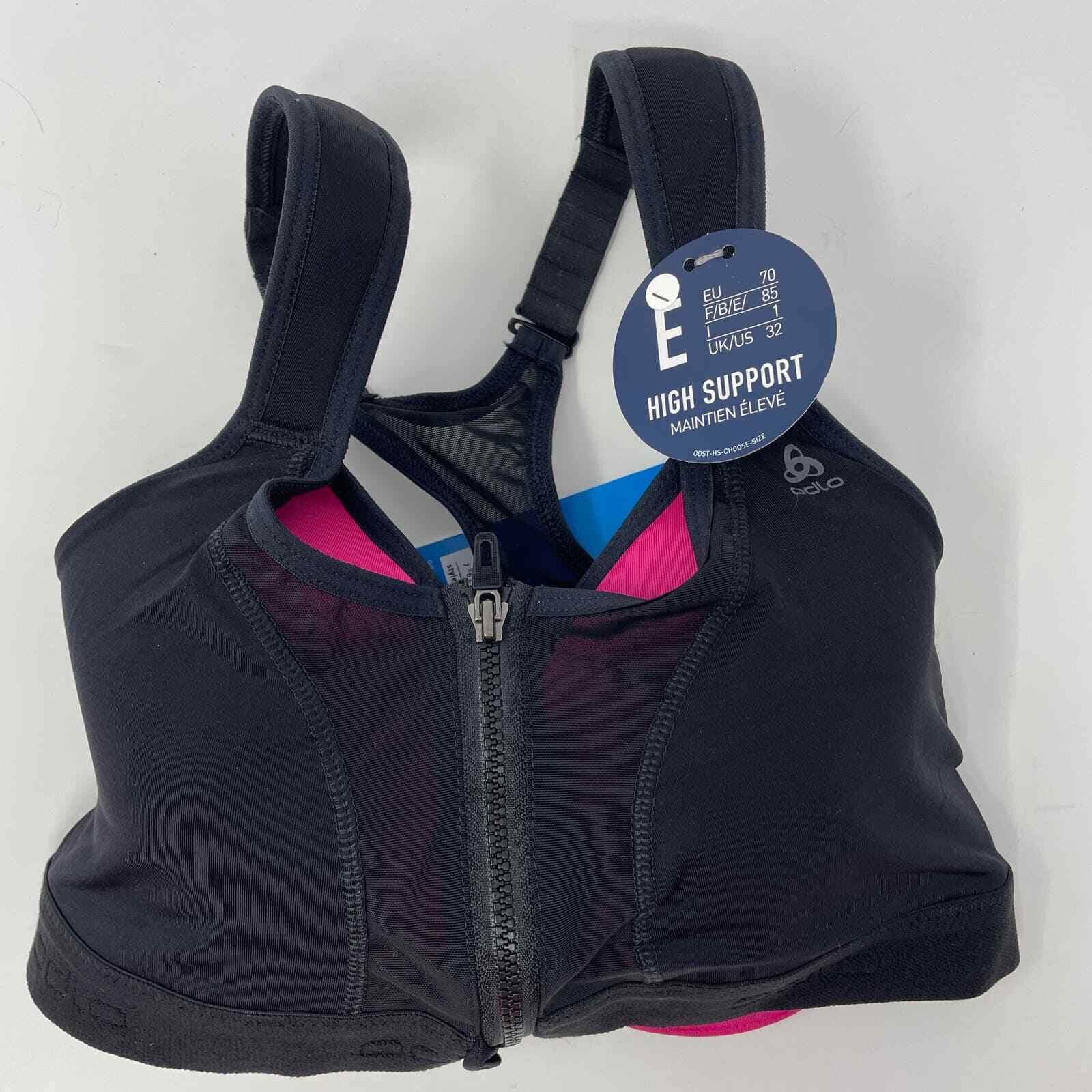 NWT ODLO Sports Bra XS Black High Support Training Padded Zip Front Gym