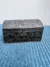 Ornate metal Vintage Jewellery Box Dressing Table silver plate red lining Heavy