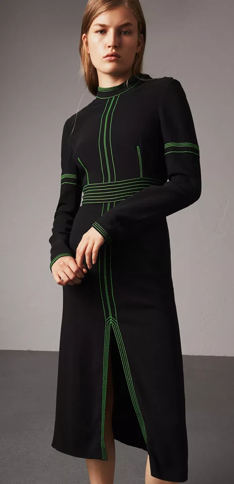 Vestido BURBERRY LONDON Negro Verde Neón Cosido BRANWEN Cuello Simulado 2 EE. UU. UK4 36 Foto 2 de 4